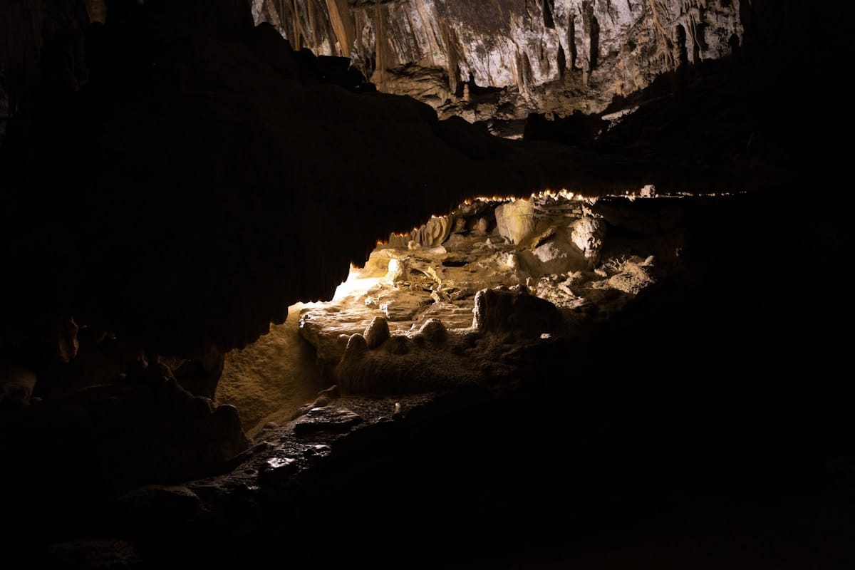 Illuminated karst cave formations